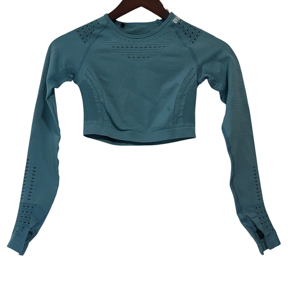 Gymshark Energy+ Seamless Long Sleeve Crop Top‎ Teal Blue Thumbholes Womens S